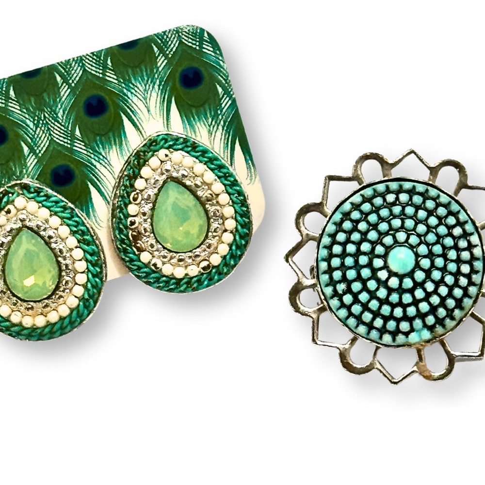 BROOCH AND TEARDROP EARRING 2 piece Set Teal Green, White and Silver Tone Pin - Picture 5 of 5